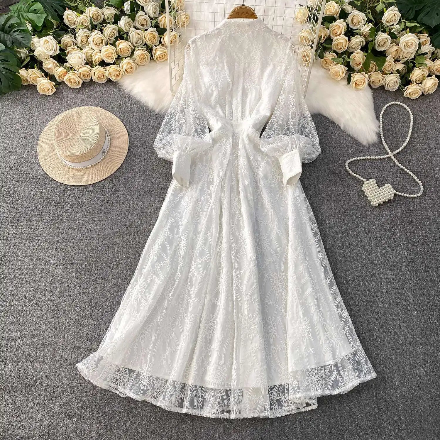 Autumn Embroidery Formal Evening Luxury Dress For Women Long Sleeve Crochet Lace Summer Dresses Single Breasted Party Vestidos