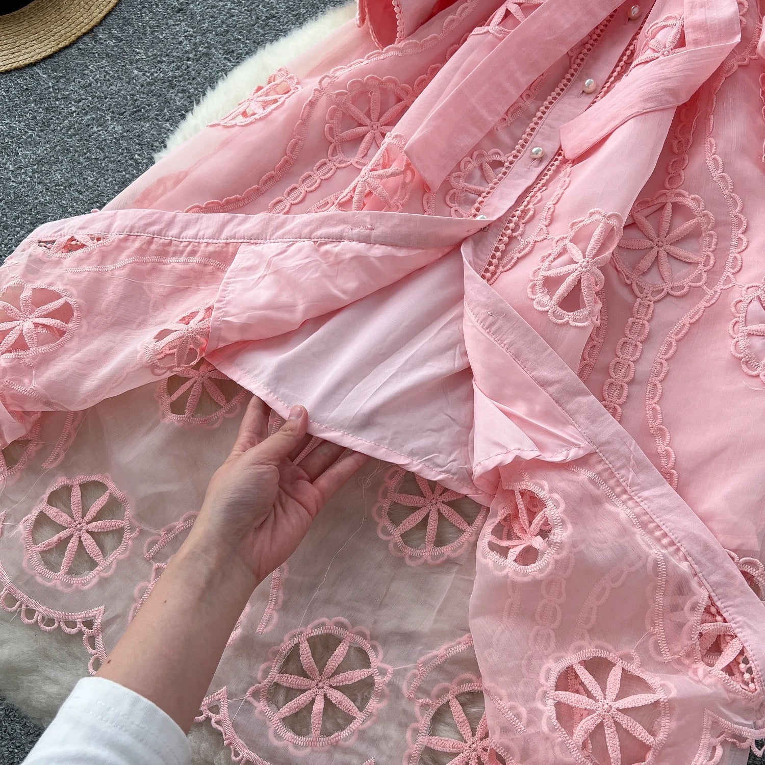 Elegant Embroidery Vintage Lantern Sleeves Lapel Single Breasted Chic Bandage Slim Long Dresses Women High Street Clothing