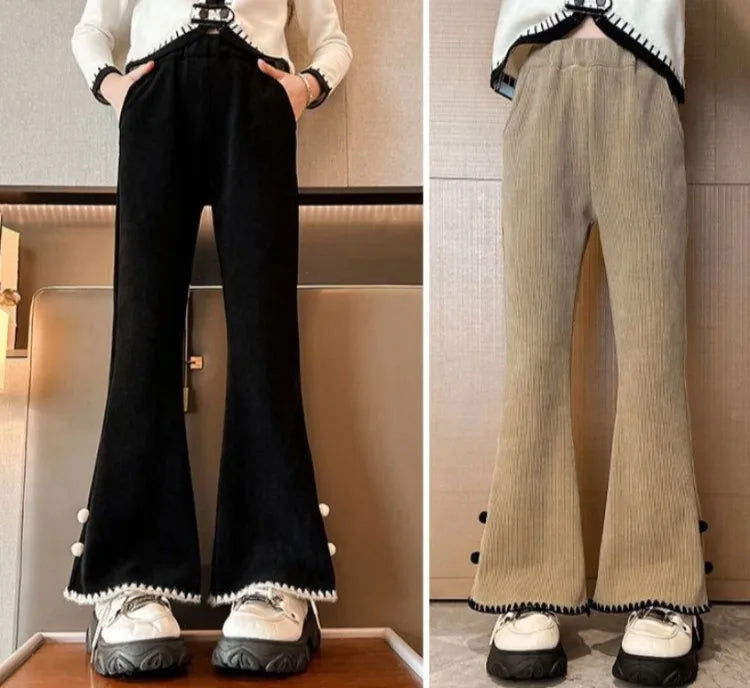 Girl's Autumn Winter New Mid-Weight Flared Jeans with Integrated Fleece-Lining, Stylish Casual Pants for Tween Girls