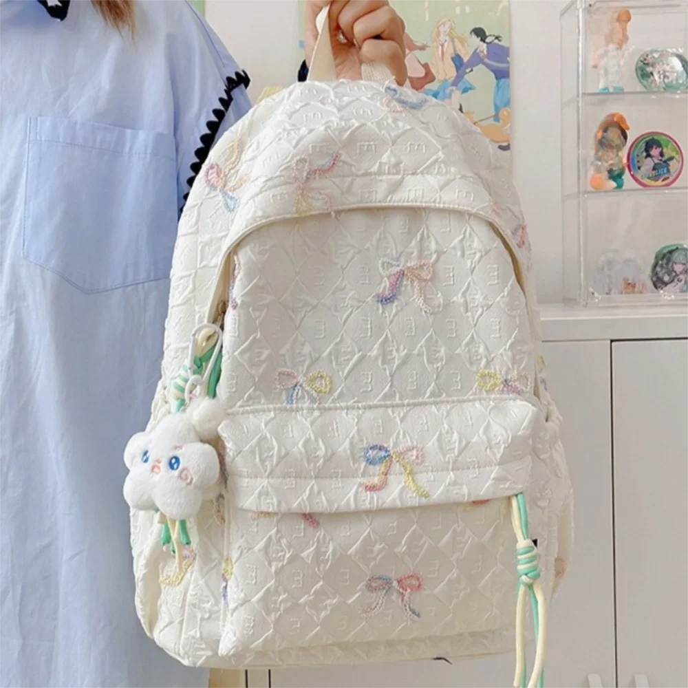 Fashion Embroidered Bow Backpack Nylon Large Capacity Students Schoolbag Multiple Pockets Wear-resistant Travel Rucksack