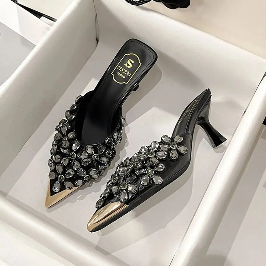 Summer Women High Heel Shoes Plus Size Fashion Rhinestone Women Slippers Point Toe Heel Half Slippers Designer Sexy Party Shoes