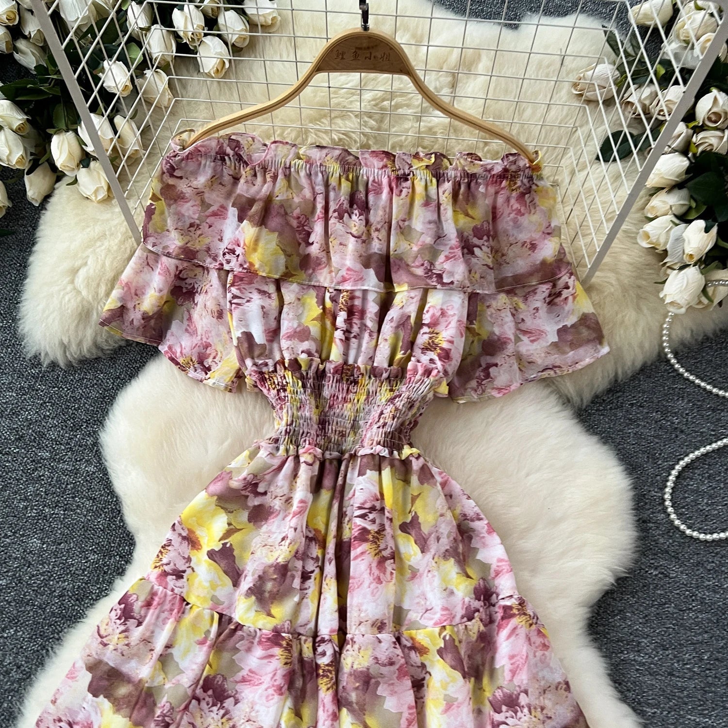 French Vintage Off Shoulder Short Sleeve Ruffle Tiered Long Dresses Chic Casual Beach Vacation Women Summer Chiffon Clothing