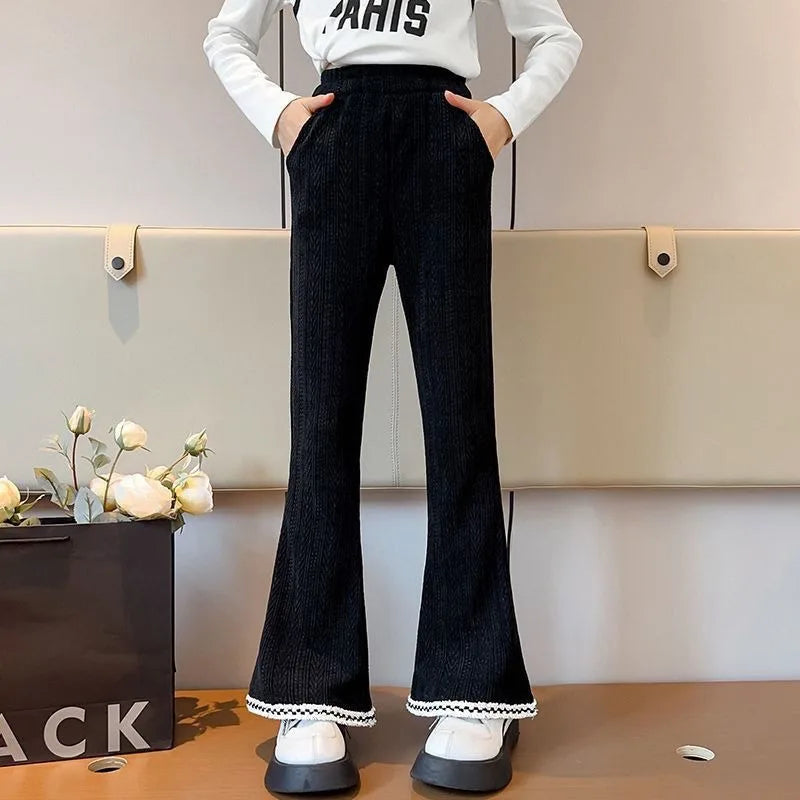 Girl's Autumn Winter New Mid-Weight Flared Jeans with Integrated Fleece-Lining, Stylish Casual Pants for Tween Girls