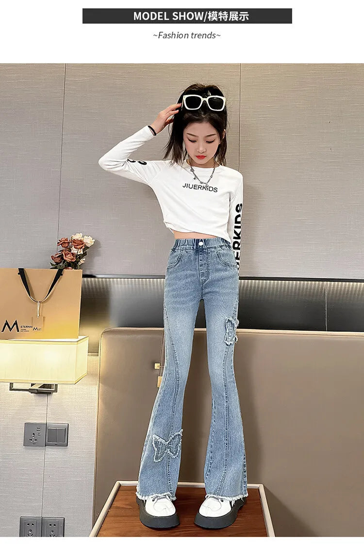 Fashion Jeans for Girls with Butterfly New Arrvial Kids Vintage Tight Denim Flare Pants 2024 Spring Autumn Teenage Slim Trousers