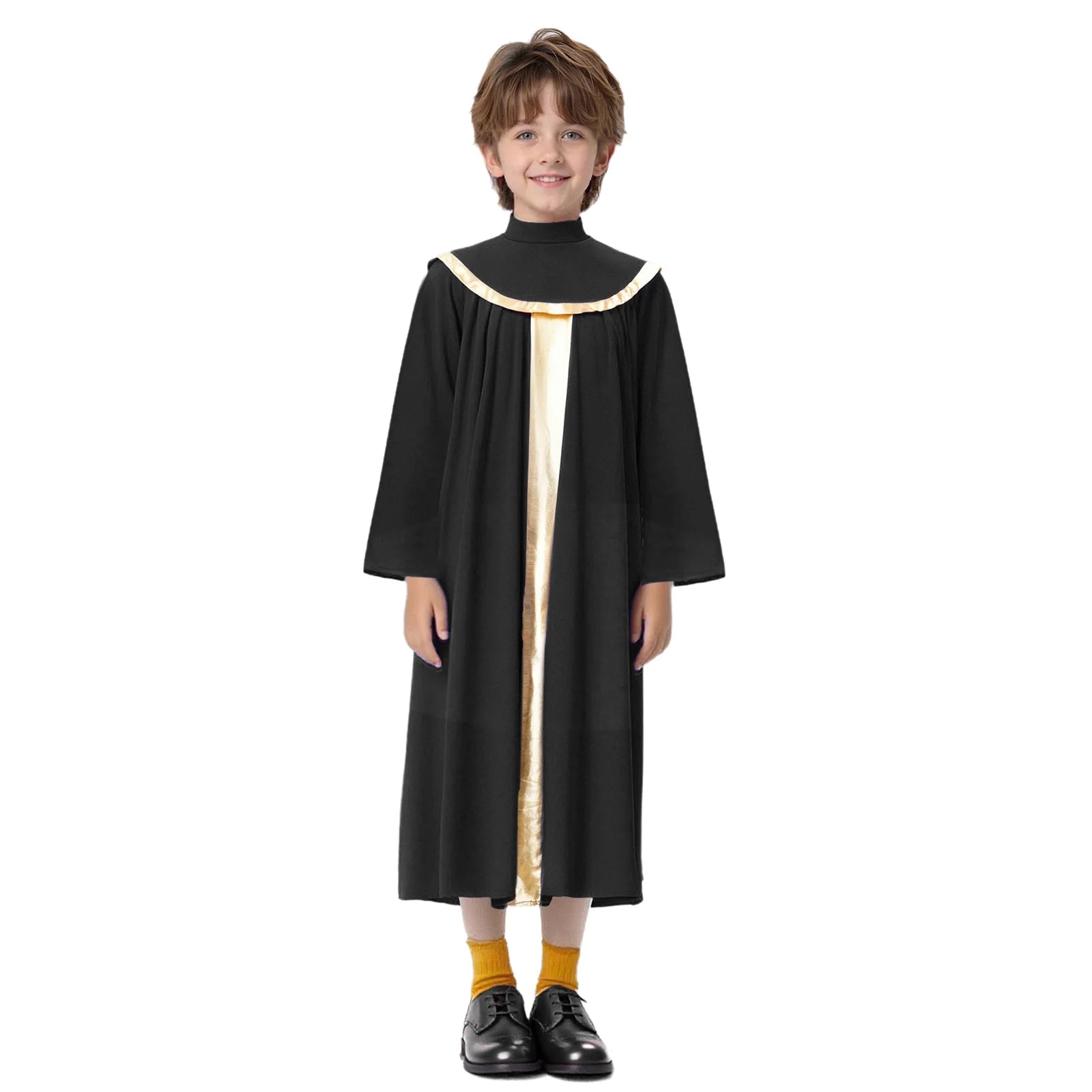 Boys Girls Choir Robe Liturgical Worship Praise Dance Costume Long Sleeve Metallic Color Block Patchwork Pleated Dress Grown