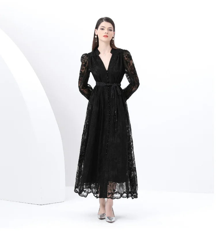 Luxury High-end Women Clothing Dress Spring Fitted Waist Embroidery V-neck Bell Sleeves Long Sleeves Single-breasted Long Dress