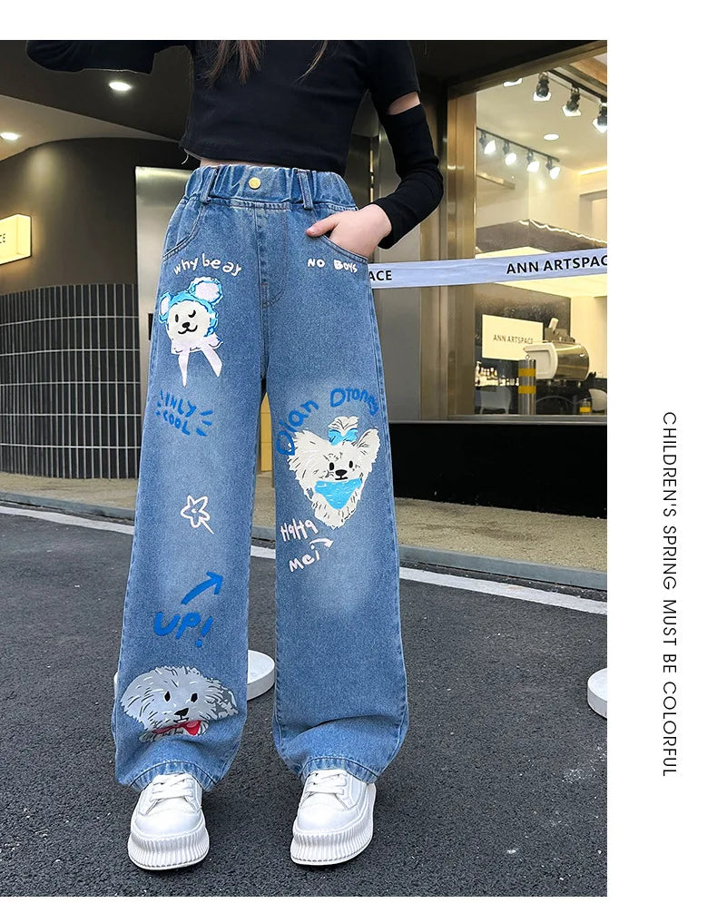 Jeans for Girls 2024 New Fashion Cartoon Printed Long Denim Trousers Teens Kids Cute Dog Pattern Wide Leg Pants 5 7 9 11 13 14Y