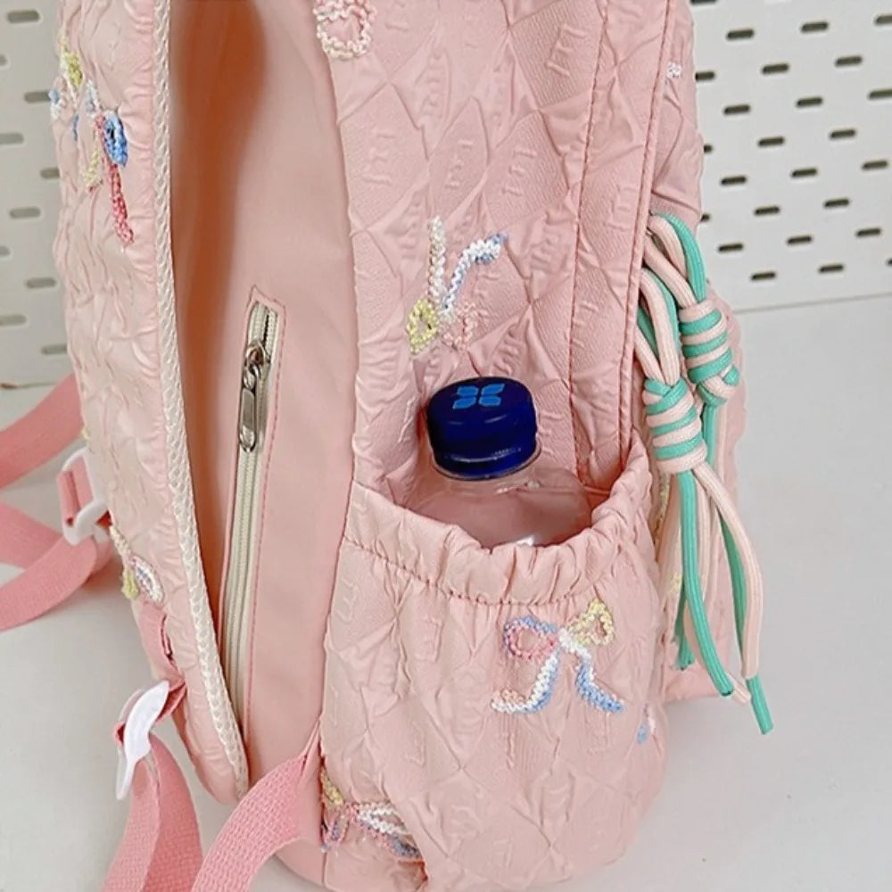 Fashion Embroidered Bow Backpack Nylon Large Capacity Students Schoolbag Multiple Pockets Wear-resistant Travel Rucksack