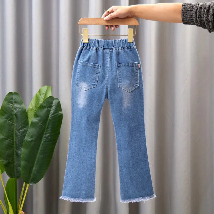 Girls Blue Jeans for Children's Fashion Clothing Princess Kids Denim Wide-leg Pants Baby Teens Girl Flared Bow Applique Trousers