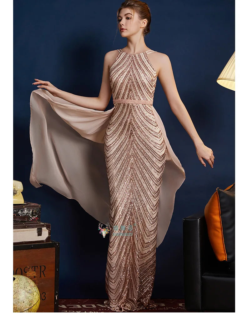 Chic High Sleeveless Sexy Backless Beading Sequined Mermaid Formal Evening Dresses Birthday Party Prom Gowns Elegant Luxury