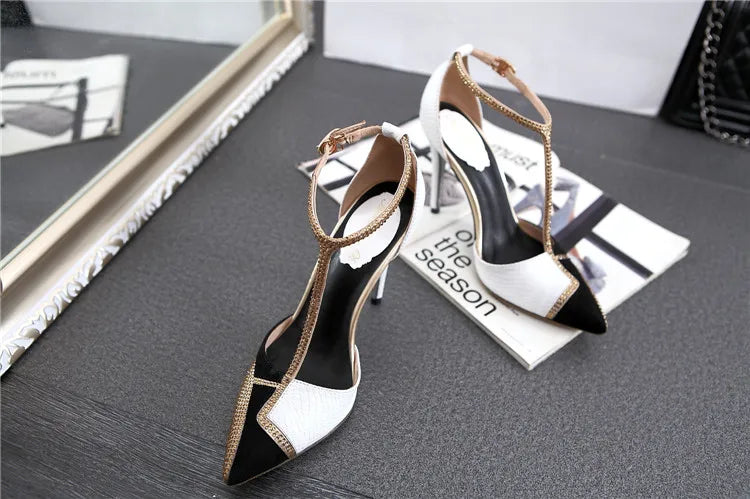 Spring and summer pointed toe hollow patent leather shoes thin high-heeled banquet dress large size small size women's sandals