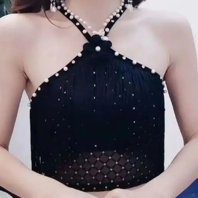 Decorative Halter Top with Padded Cups, Long Tassel, Pearl Sparkling Diamond, Retro Millennial Style, Sexy Halter