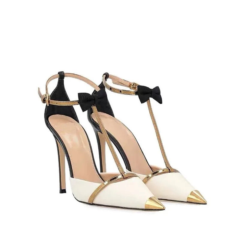 High heeled women's 2025 new hollow pointed color blocked niche butterfly bow metal toe cap straight strap thin heel sandals