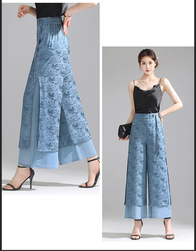 Chiffon Wide Wide Trousers Female Elegant Vintage New Pants Summer Thin Split Loose Skirt Pants Women Black Green
