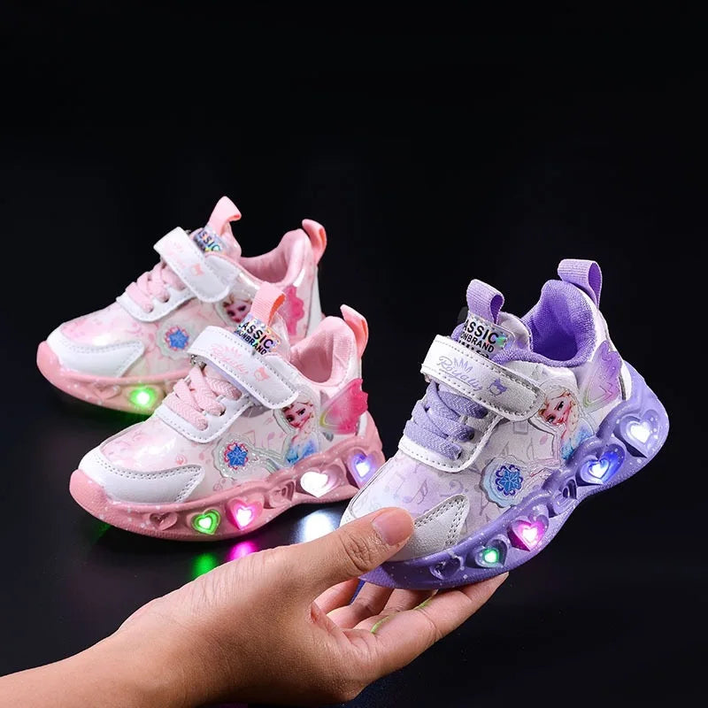 Kids Led Light Shoes Girls Disney Frozen Casual Sneakers Princess Elsa Children Toddler Breathable Sport Running Shoes