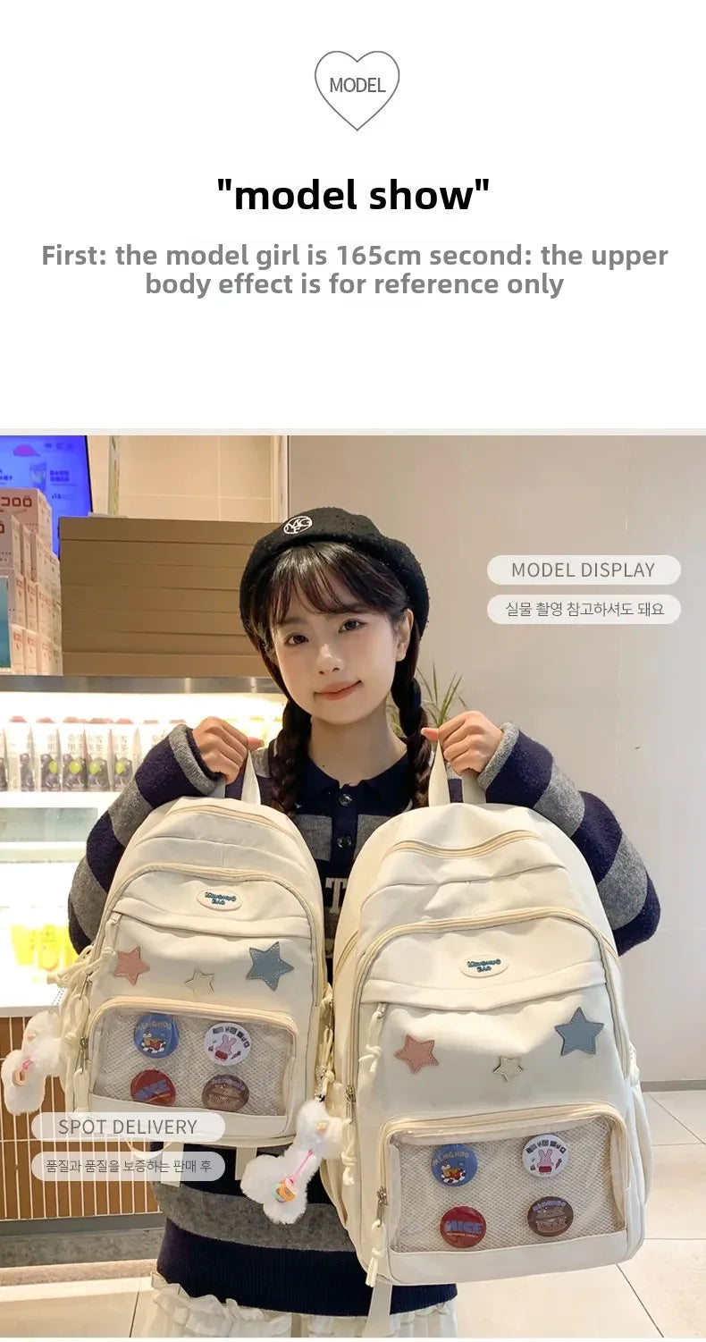 Casual Transparent Badge Large Capacity Commuter Backpack Suitable for Middle School Students Cute School Style Double Shoulder