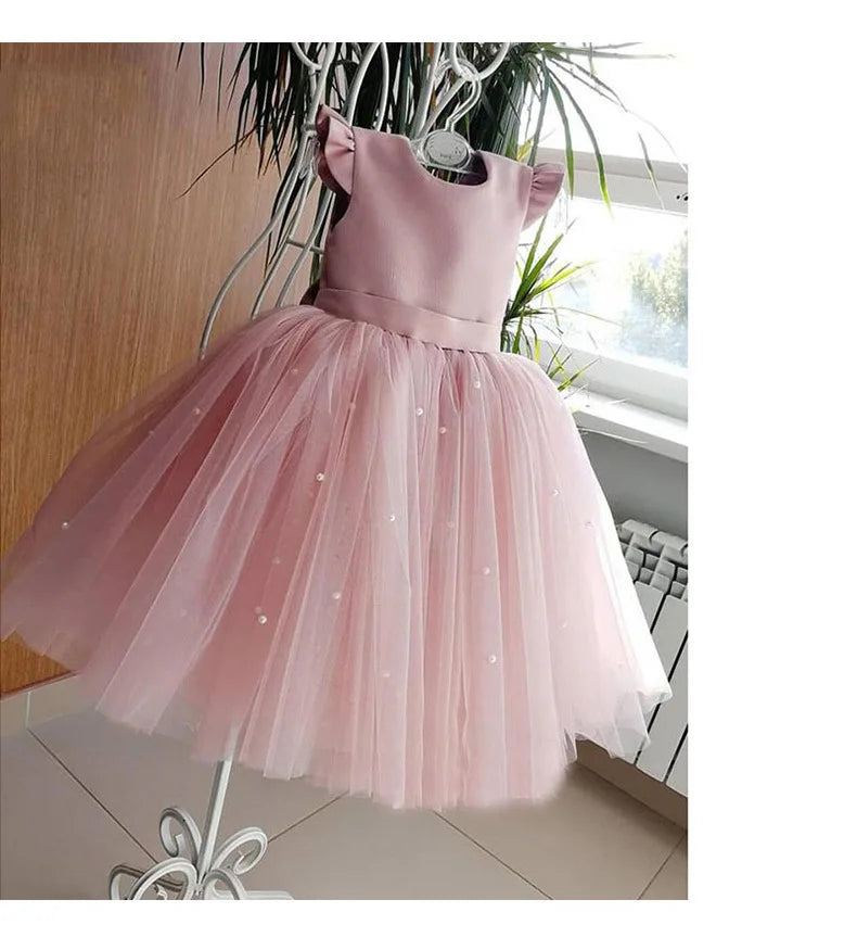 Baby Girl Party Dress Back Bow Elegant Flying Sleeve Mesh Tutu Dress with Pearl Solid Flower Girl Wedding Dress Birthday Gowns