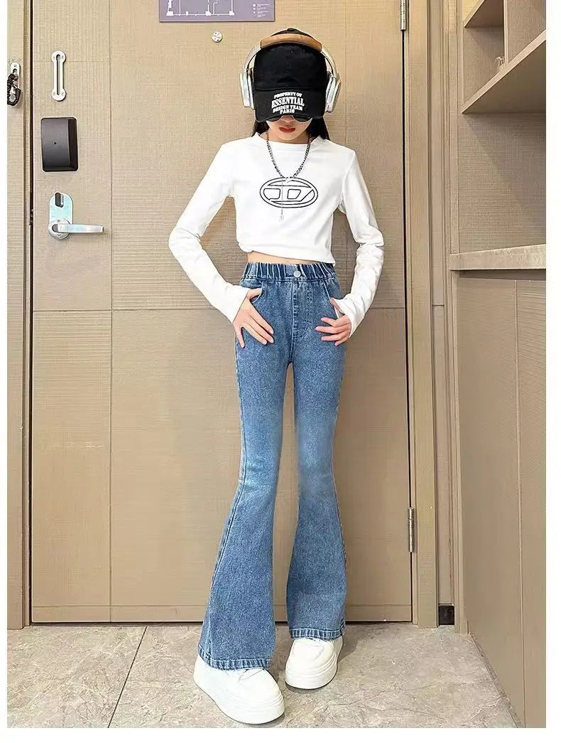 Kids Classic Vintage Blue Flared Jeans for Teens Girl Fashion Bootcut Denim Pants Tweens Child Casual Boot Cut Jeans Trousers