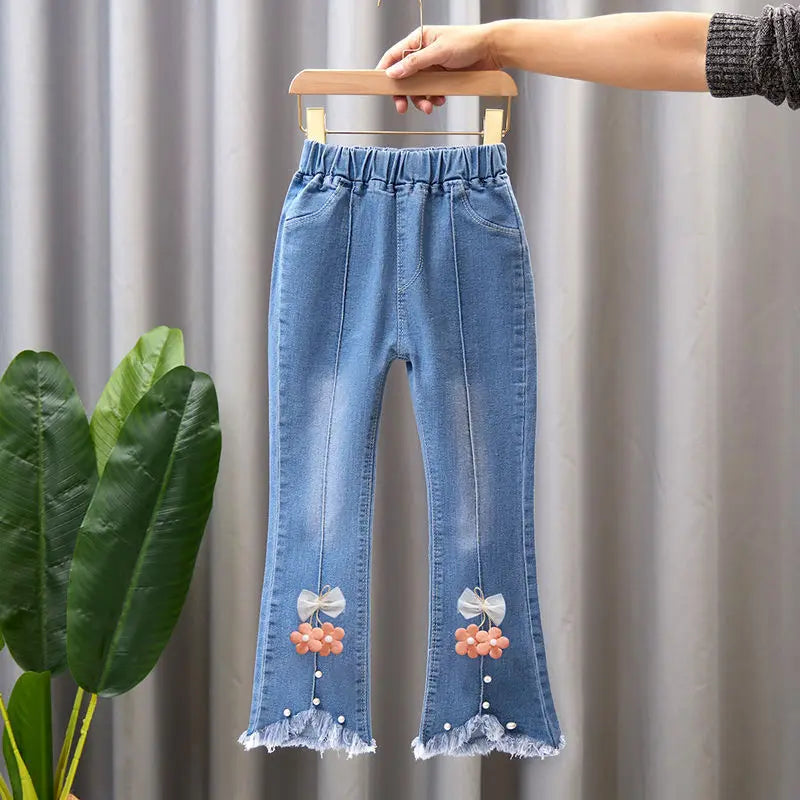 3-12 year old spring and autumn style stylish and breathable elastic girls' bell bottoms, solid color fashionable girls' jeans