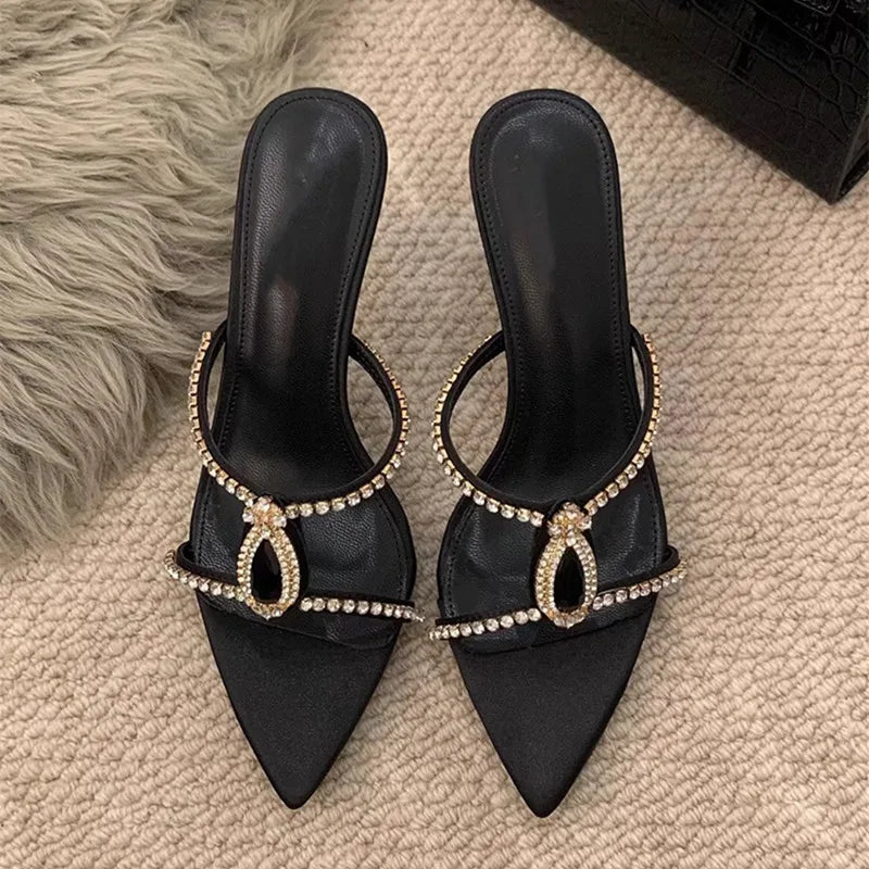 Luxury Rhinestones Gem Women Slippers Sandals Elegant Pointed toe Stiletto High heels Mules Slides Fashion Summer Party Shoes