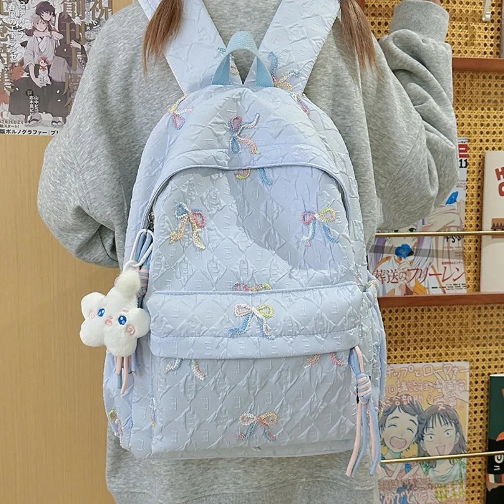 Fashion Embroidered Bow Backpack Nylon Large Capacity Students Schoolbag Multiple Pockets Wear-resistant Travel Rucksack