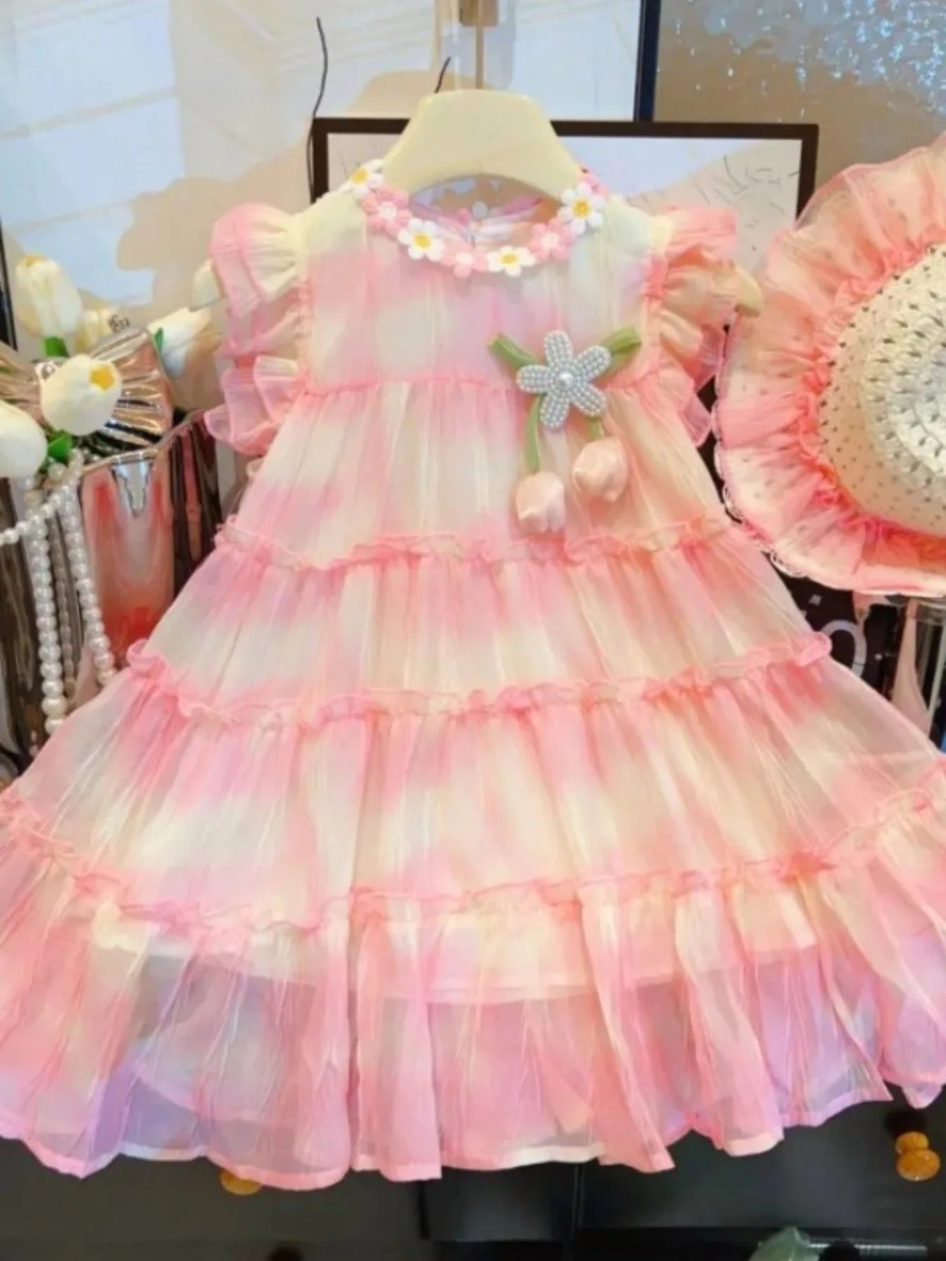 Girls’ Lightweight Summer Dress with Matching Sun Hat – Ombre-Print Chiffon-Look Outfit with Detachable Floral Accent