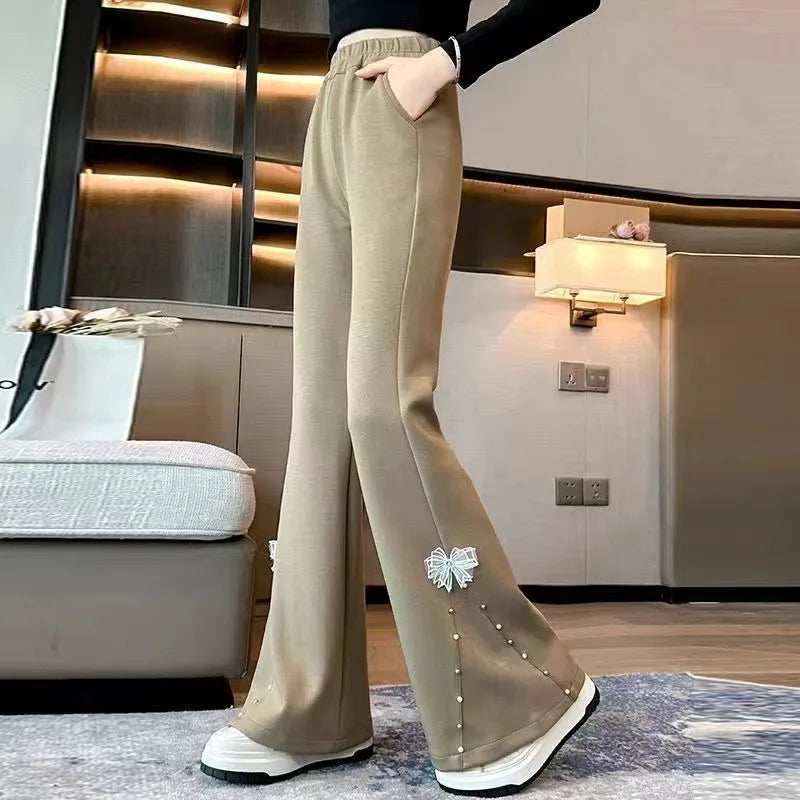 Kids Flare Pants with Bows For Girl Casual Style Children Bell Boot Cut Trousers Fashion Design Grey Black Color Sweatpants 5-14