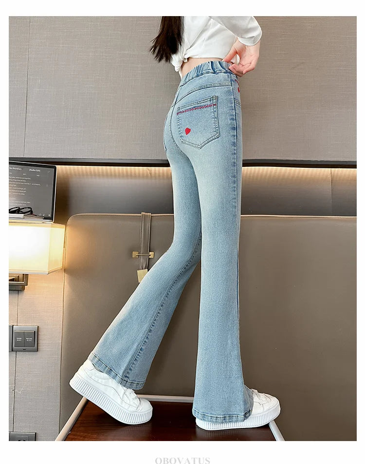 Child Slim Close-fitting Heart Pattern Flared Jeans For Girls Elegant Boot Cut Denim Leggings Pants Kids Fashion Jeans Trousers