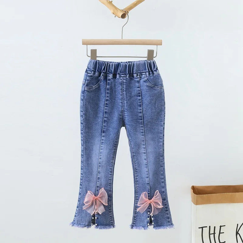 2 3 4 5 6 Years Kids Baby Girls Jeans New Fashion Beading Bow Denim Pants Spring Autumn Children Casual Trousers Toddler Clothes