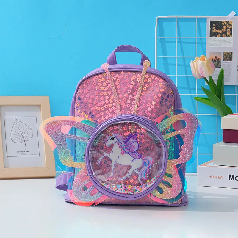 Fashionable Kid Bag for Girl Cartoon Unicorn Sequin Laser Butterfly Wings Backpack Girl School Backpack Mochila Infantil Menina