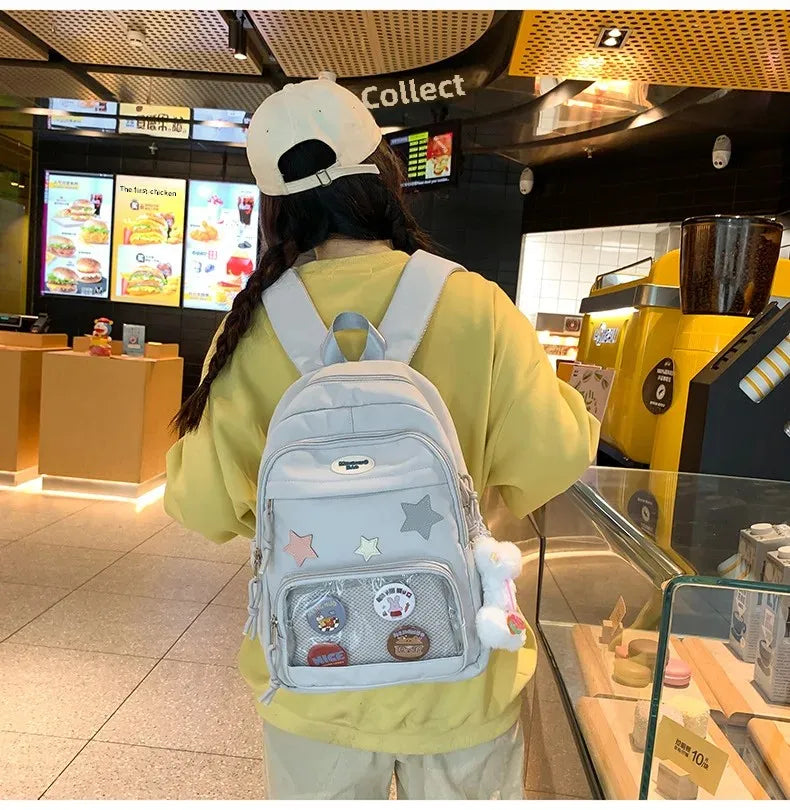 Casual Transparent Badge Large Capacity Commuter Backpack Suitable for Middle School Students Cute School Style Double Shoulder