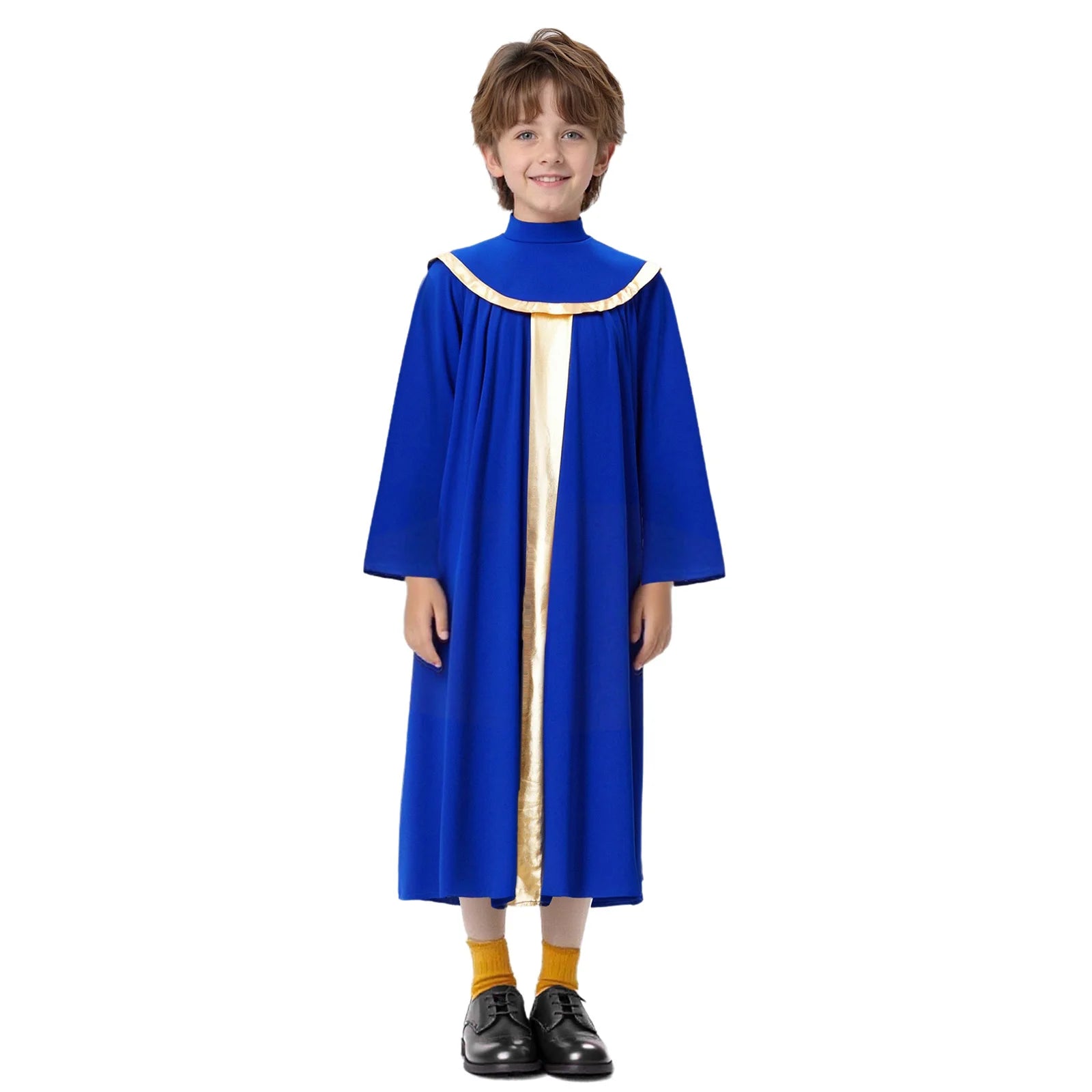 Kids Boys Girls Choir Robe Dress Worship Praise Dance Costume Long Sleeve Metallic Color Block Patchwork Pleated Ceremony Grown