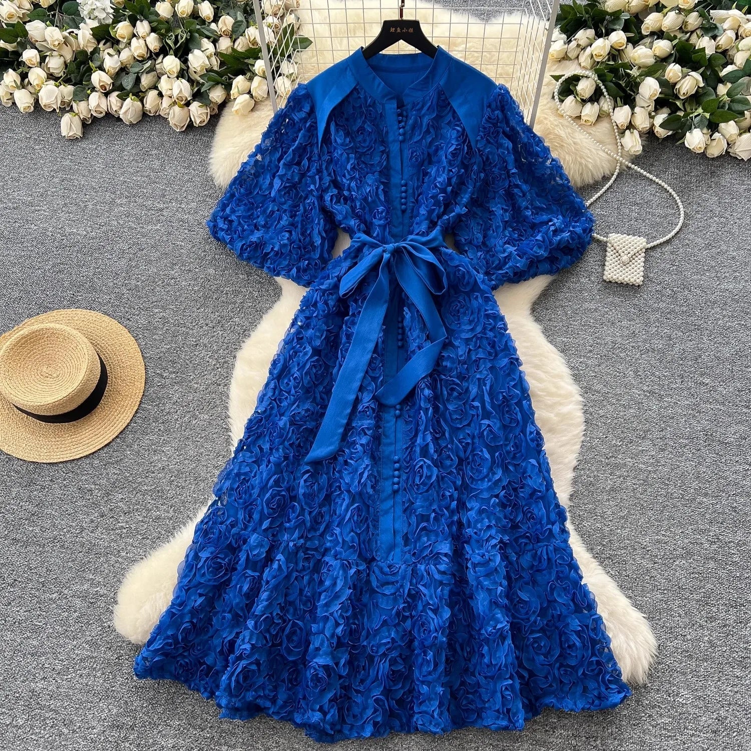 Luxury 3D Flower Formal Evening Dress Women Summer Single Breasted Loose Oversize Belt Lace Up Long Dresses Female Party Vestido