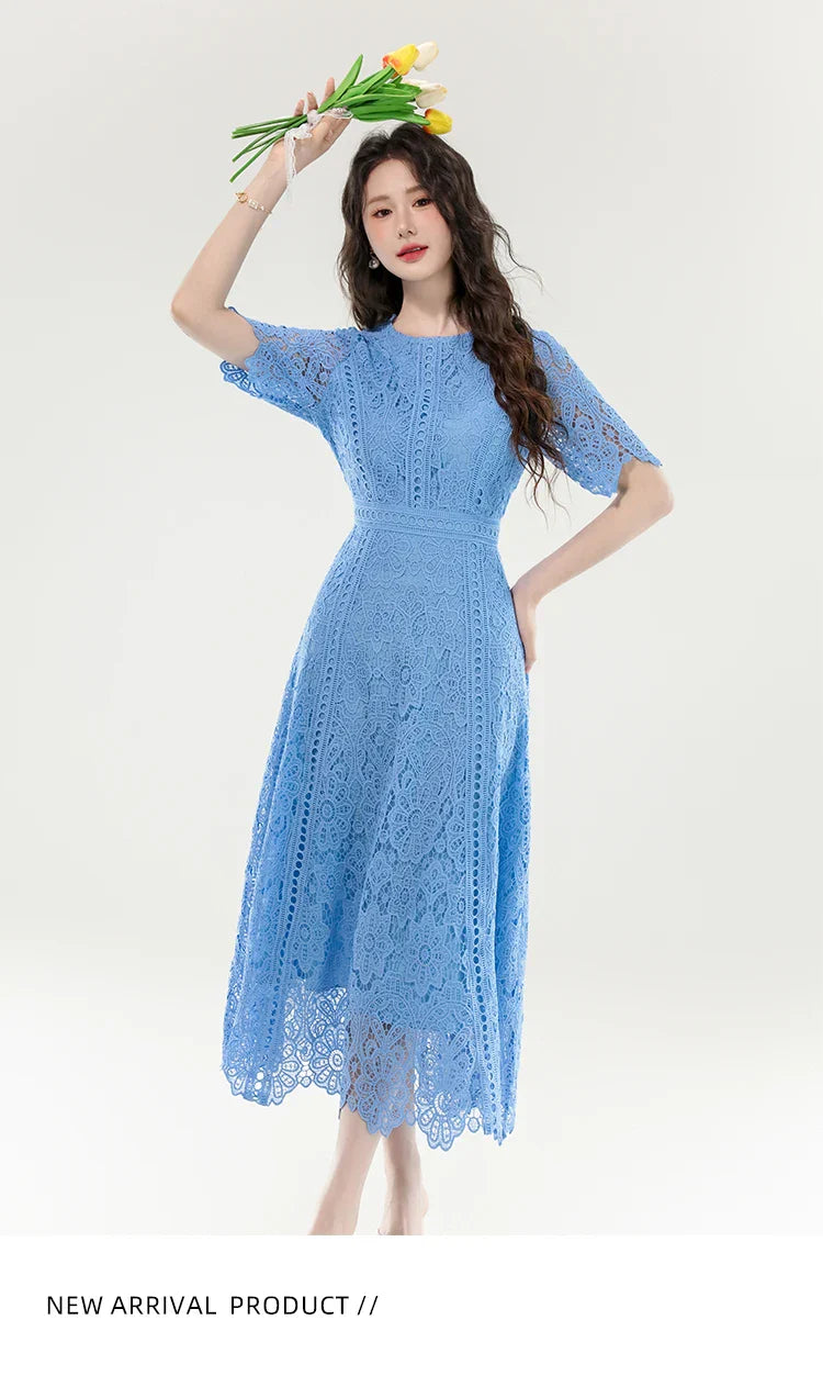High Quality Lace Hollow Out Women Long Elegant Office Dress Summer French Chic Casual Vintage Purple Short Sleeve A-line Dress