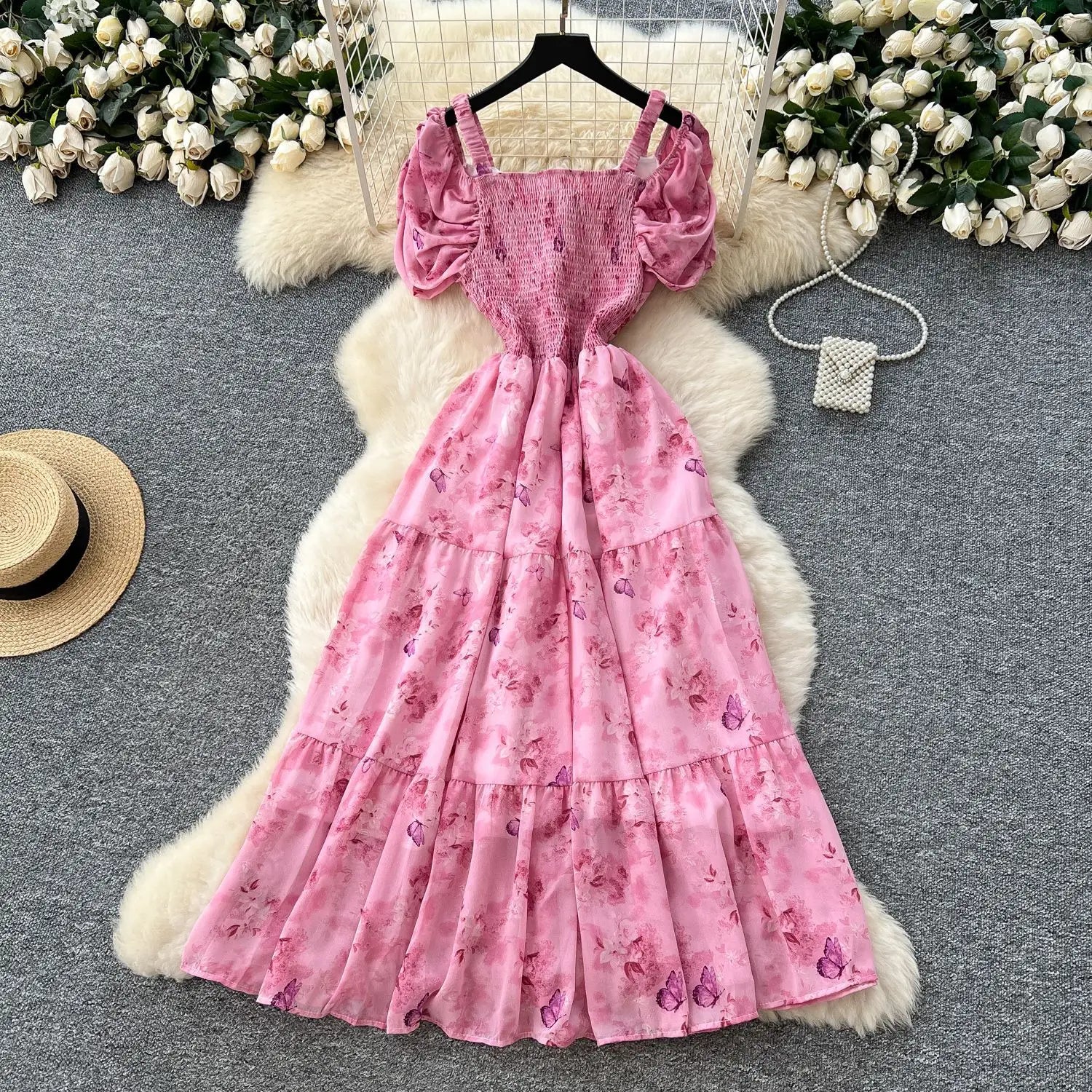 Summer 2025 French Style New Fashion Women's Elegant Trendy Printed Short Puff Sleeve Ankle Length Slim Dresses Female Clothes
