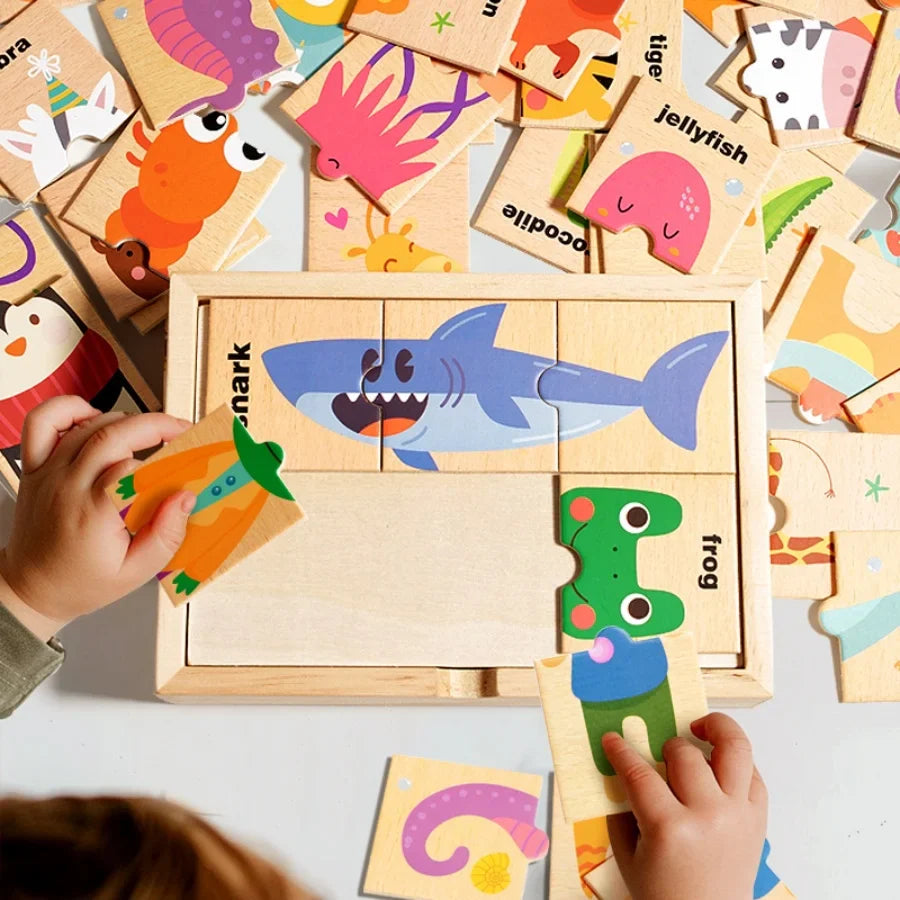 Children's puzzle cartoon animal shape matching puzzle, baby early education English word cognition puzzle board, wooden toy