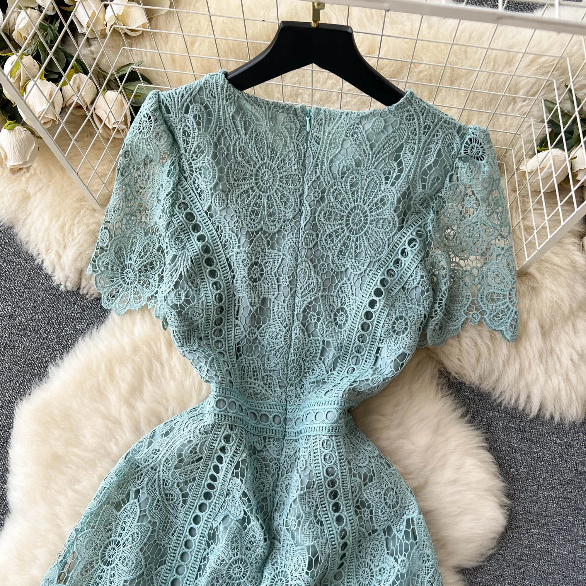 Embroidery Crochet Hollow Out Lace Dress For Women Summer Fashion Runway Short Sleeve Slim Waist Casual Party Midi Vestidos 6931