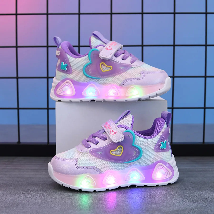 Tenis Girls' Shoe 2025 Summer New Kid Sneakers LED Luminous Shoes Sweet Heart-shaped Girl Sneaker Soft Sole Anti Slip Kid Shoes