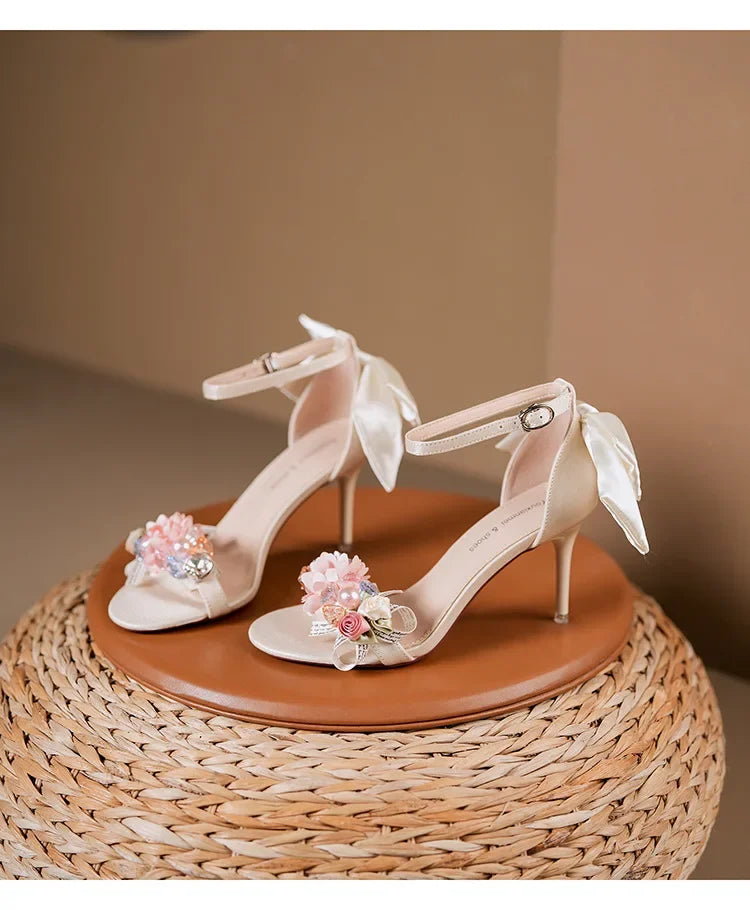 Summer Fashion Shoes Woman Pumps Open Toe Satin Flower Bow Buckle High Heels Ladies Sandals Women's Dress Wedding Party Shoes