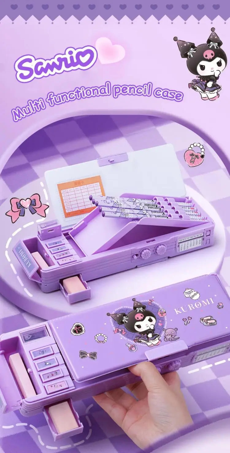 Sanrio Multifunction Stationery Box Kuromi Melody Cinnamoroll Bilayer Coded Lock Pencil Box Large Capacity Students Supply Gift