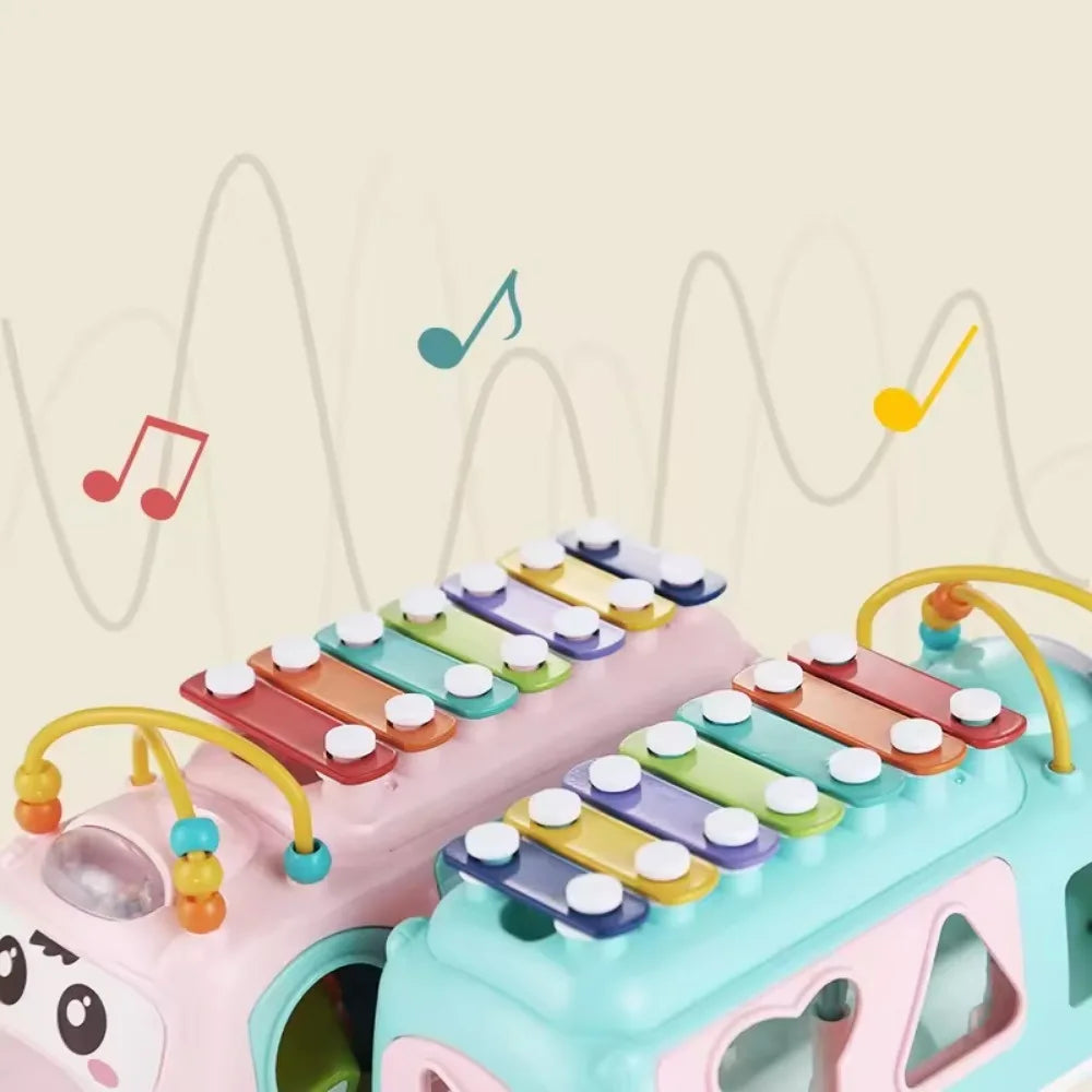 Children's Multifunctional Cartoon Imitation Instrument Xylophone, Baby Tapping Piano, Building Blocks, Bus Playing Music Toy