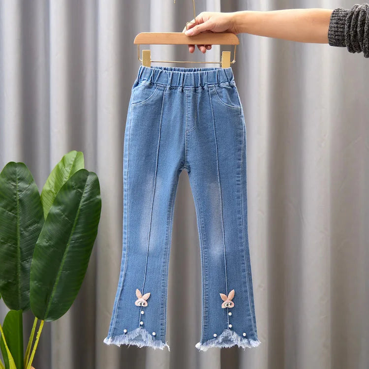 Girls Blue Jeans for Children's Fashion Clothing Princess Kids Denim Wide-leg Pants Baby Teens Girl Flared Bow Applique Trousers