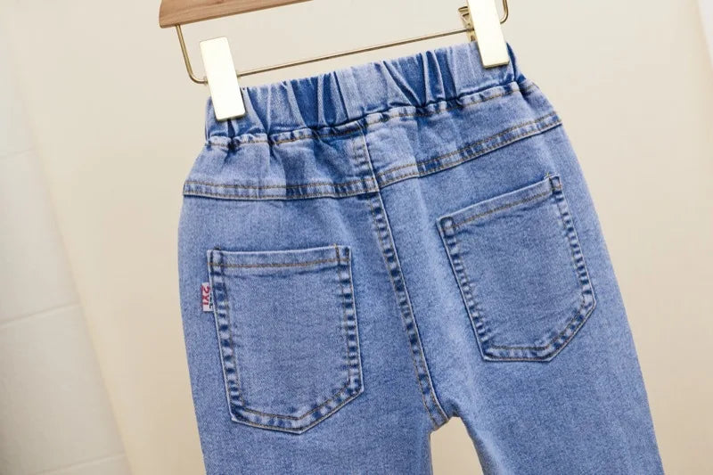 3-12 Year Old Girls' Jeans 2024 New Children's Fashion Lace Long Pants Sweet Korean Bow Flare Pants Loose Casual Pants