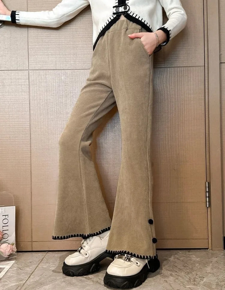 Girl's Autumn Winter New Mid-Weight Flared Jeans with Integrated Fleece-Lining, Stylish Casual Pants for Tween Girls