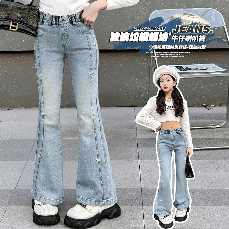 Girls Summer Fashion Jeans with Butterfly New Arrvial Kids Vintage Tight Denim Flare Pants Teenage Slim Trousers