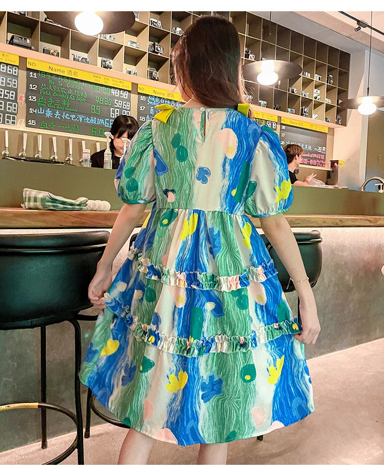 Summer Dress Girl Korean Style Sweet Floral Print Casual Kids Ruched Dresses Toddler Girls Clothes 4 5 6 7 8 9 10 12 14 Year Old