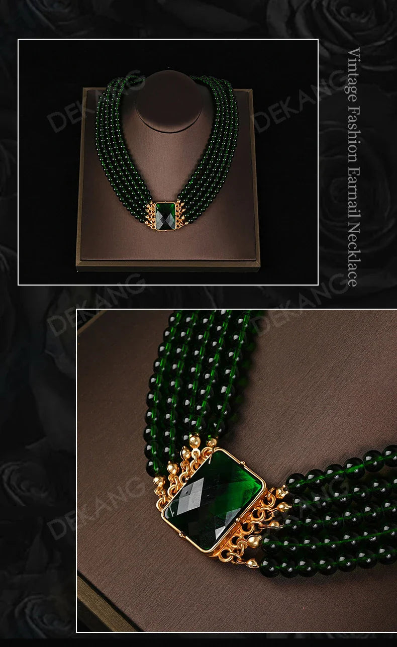 Exaggerated Green Crystal And Glass Multi-Layered Wearing Set Necklace Earrings