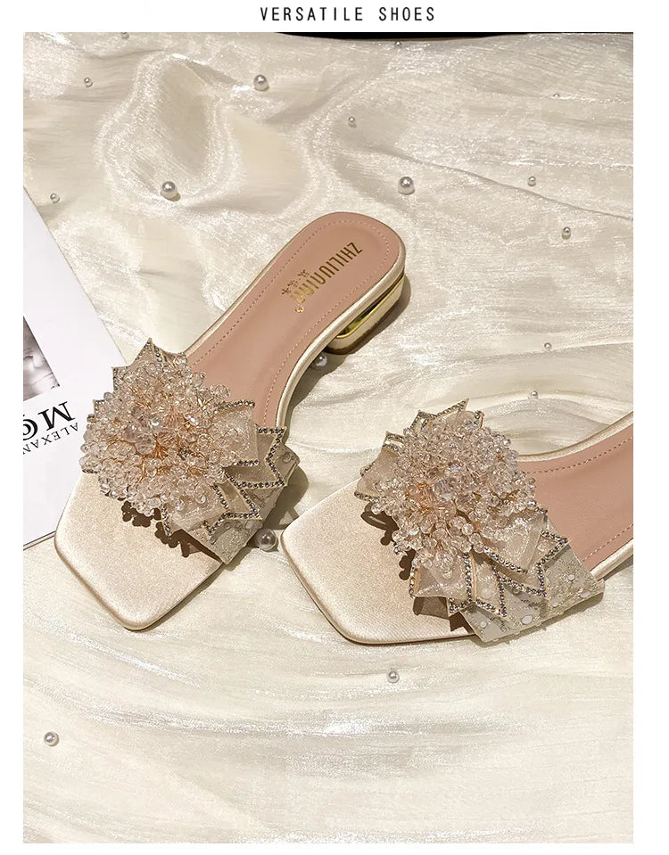 Women's Lightweight Summer Satin Gladiator Sandals and Slippers Beautiful Thick-Heeled Lace and Wedge Design