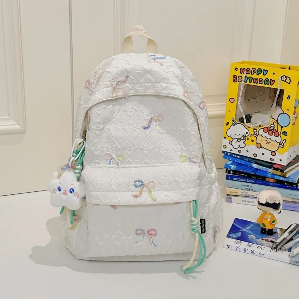 Fashion Embroidered Bow Backpack Nylon Large Capacity Students Schoolbag Multiple Pockets Wear-resistant Travel Rucksack