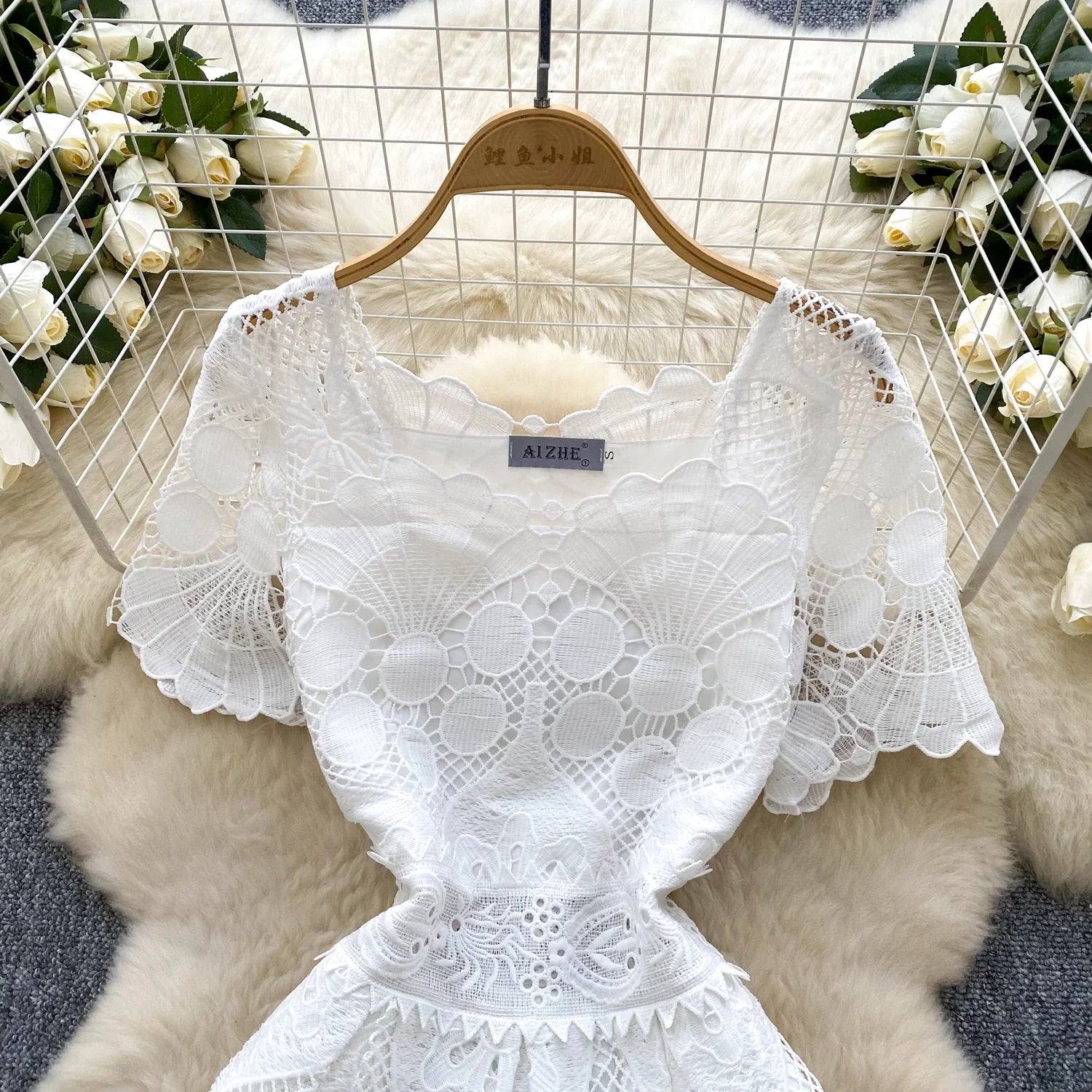 France Elegant Fashion Slim Evening Dress Women Hollow Out Lace Crochet Party Dress Female Casual Chic High End Clothing New